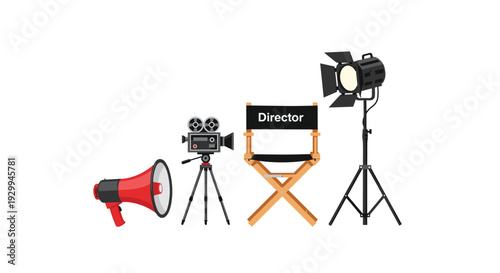 A concise arrangement of essential film production items including a red megaphone, a vintage camera, a director's chair, and a studio light is presented on a white background.