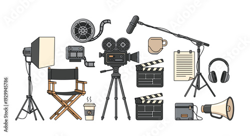 A varied assortment of film production equipment, including a vintage movie camera, director's chair, boom mic, clapboards, and lighting, is arranged on a clean white background.