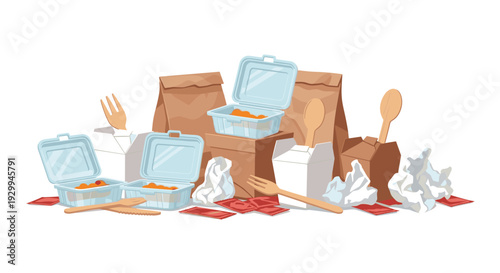 A horizontal collection of brown paper bags, clear plastic food containers, wooden cutlery, crumpled napkins, and red sauce packets is neatly arranged on a white surface.