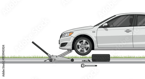 A white sedan car is partially lifted by a silver hydraulic jack on a paved road, with a spare tire and tools nearby.