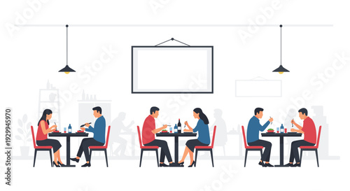 Three couples are seated at individual tables, eating and conversing in a minimalist restaurant interior with a large blank frame.