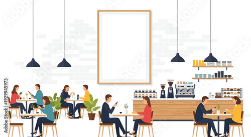 Multiple individuals and couples are seated at tables in a lively cafe interior featuring a detailed coffee bar and a large blank poster.