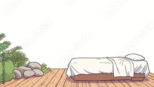 A bed with white sheets is placed on a wooden floor next to green plants and rocks in an open space during daylight.