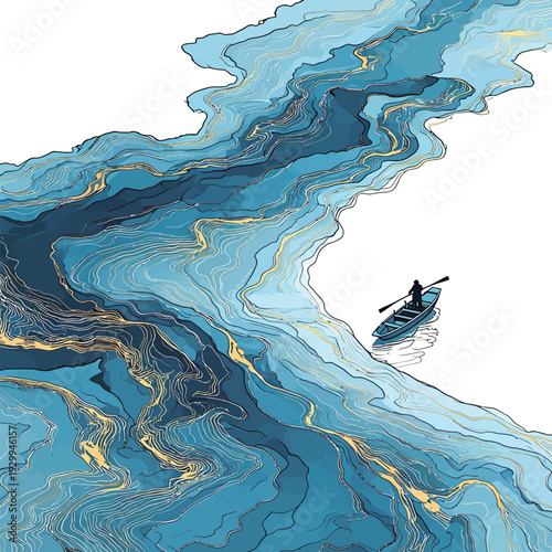A person rows a boat on a river with swirling blue patterns during the day. The scene shows water movement and solitude.