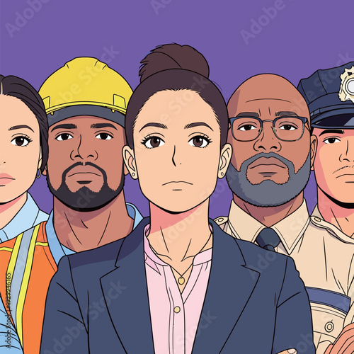 A group of different workers stands in line, showing unity and strength. Each person represents a unique job and role in society.