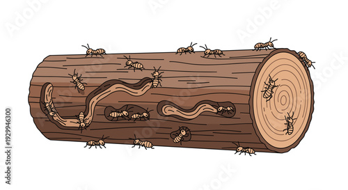 Numerous light-brown termites are actively crawling on and within a cut brown wooden log, which is horizontally positioned on a white background.