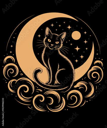 cat in front of moon and stars goth pastel kawaii