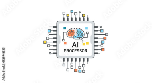 A rectangular grey AI processor chip with colorful pins and two brain illustrations is displayed on a white background.
