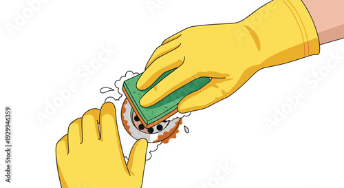Two yellow-gloved hands are scrubbing a dirty metal drain with a green sponge, generating bubbles on a white background.