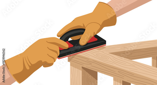 Two gloved hands are using a black and red sanding block to smooth a light brown wooden surface on a white background.