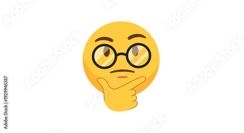 A yellow emoji wearing round glasses has its index finger on its chin, displaying a thoughtful expression on a white background.