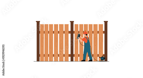 A worker in blue overalls and a red cap uses a nail gun to build a light brown wooden fence on a white background.