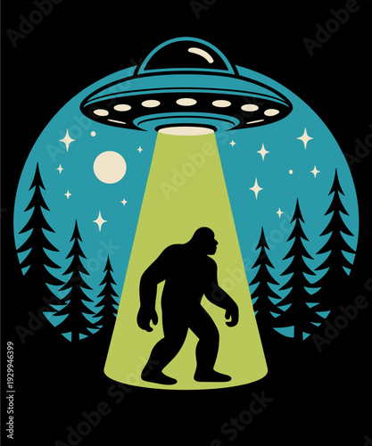 Bigfoot UFO Abduction Graphic Moon Nature Stars Funny Aliens