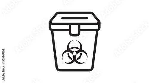 Biohazard waste bin in simple flat design with black outline and biohazard symbol on white background for medical safety