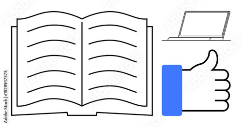 Education concept. Education ed with an open book, thumbs-up, and laptop elements digital learning. Education resources for e-learning, teaching, knowledge sharing, distance learning, academic