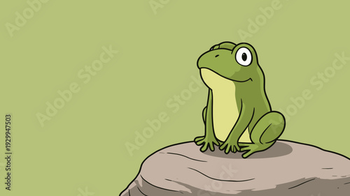 A frog is sitting on a rock. The background is green. The frog looks content while enjoying its surroundings.