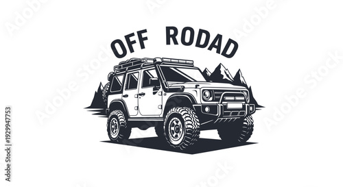 Off-Road Vehicle Illustration: Rugged SUV with Mountain Backdrop and Bold Typography.