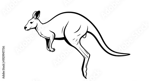 Simple black and white line drawing of a jumping kangaroo.
