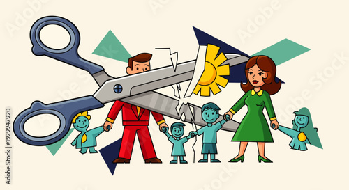Family split apart by giant scissors, symbolizing divorce, legal separation, and child custody issues. Broken relationships and the impact on children.