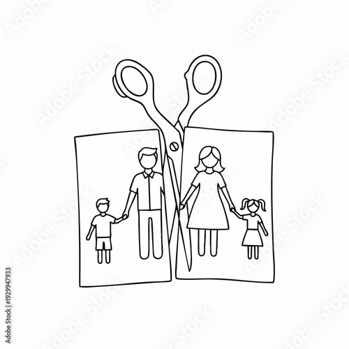 Vector outline illustration of scissors cutting a family photo in half, symbolizing divorce, marital separation, family breakdown, and relationship problems.
