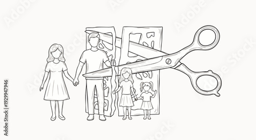 Conceptual illustration of family separation and divorce, showing parents and children being cut apart by scissors, symbolizing broken homes and relationship crisis.