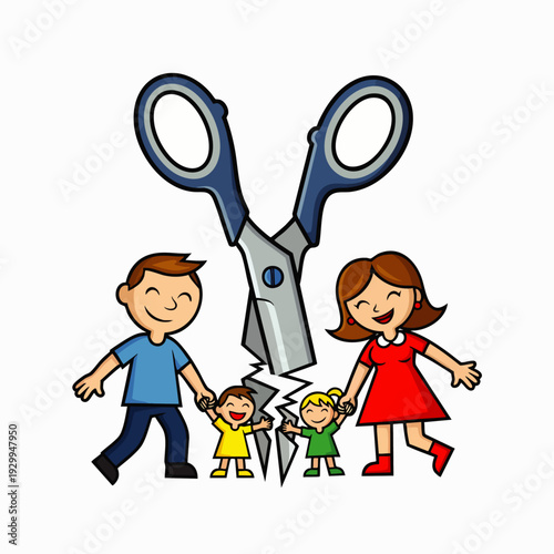 Cartoon illustration depicting a family (mother, father, two children) being torn apart by large scissors, symbolizing divorce, separation, and the emotional impact on kids.