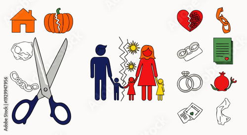 Divorce and separation concept with various icons: broken family, shattered heart, legal documents, and symbols of relationship breakdown.