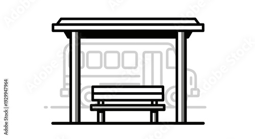 Bus stop shelter with bench and bus outline waiting for passengers.