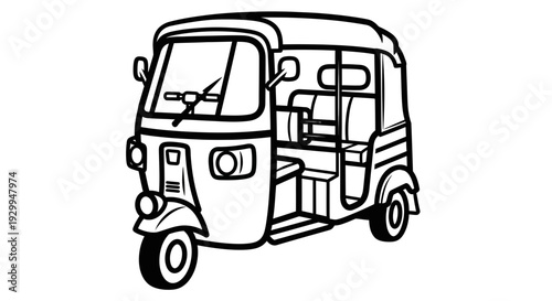 Black and white line art drawing of a traditional auto rickshaw a common mode of transport in many Asian countries.
