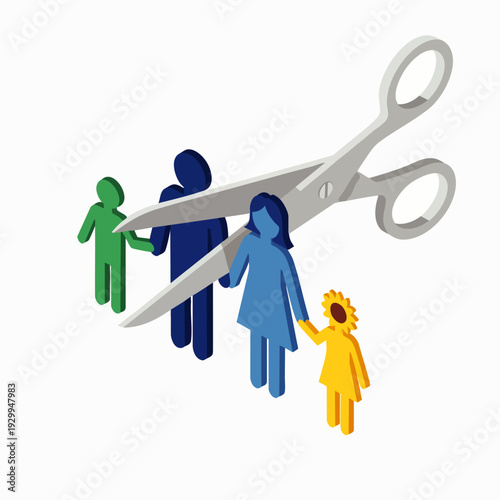 Conceptual illustration of scissors cutting through a line of stylized people holding hands, symbolizing family separation, divorce, or relationship breakdown.