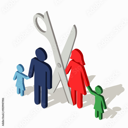 Divorce and family separation concept, showing stick figures of a mother, father, and two children being divided by large scissors, representing relationship breakdown.