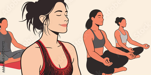 Women sit in a yoga studio focusing on their breathing and meditation in a wellness class led by an instructor.