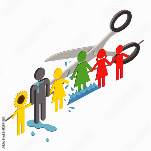 Conceptual isometric illustration of social division, conflict, and broken relationships, with scissors cutting through a diverse line of people figures, symbolizing societal issues.