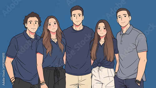 Five young adults stand close together, wearing matching casual outfits. They smile at the viewer against a solid blue backdrop.