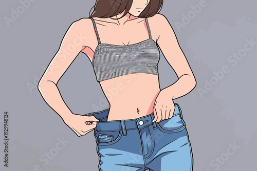 A woman adjusts her jeans while standing. She has a striped top and appears to be indoors in a neutral space.