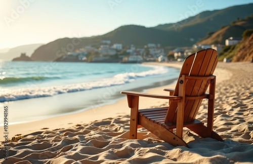 Wooden Adirondack chair sits on sandy beach overlooking calm sea waves. Distant town and green hills under sunny sky create peaceful coastal scenery. Ideal for vacation or travel themes.