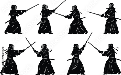 Kendo martial arts silhouettes featuring samurai sword fighters in traditional armor practicing combat stances and sparring poses, black and white vector illustration set