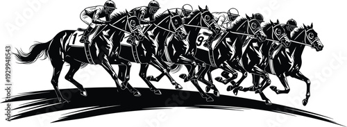Horse racing competition illustration featuring galloping racehorses with jockeys in dynamic motion, black and white sports vector artwork capturing speed and excitement