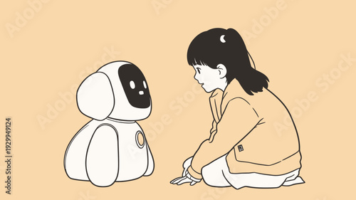 A child sits on the floor facing a small robot in a friendly manner. They seem engaged in conversation or play.