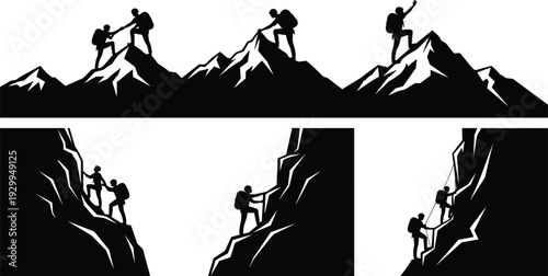 Mountain climbing and hiking silhouettes showing team support, summit achievement and rock climbing adventure scenes in black and white vector illustration set