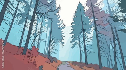 A path winds through a forest filled with tall trees. The light shines softly as colors blend in the background during the morning.