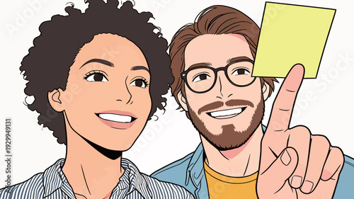 Two people share a moment of joy while reviewing a sticky note. They seem engaged in a creative discussion in an office.