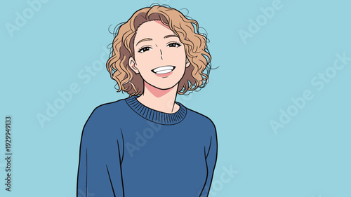 A young woman stands smiling with curly hair. She wears a blue sweater. The background is a plain light color.