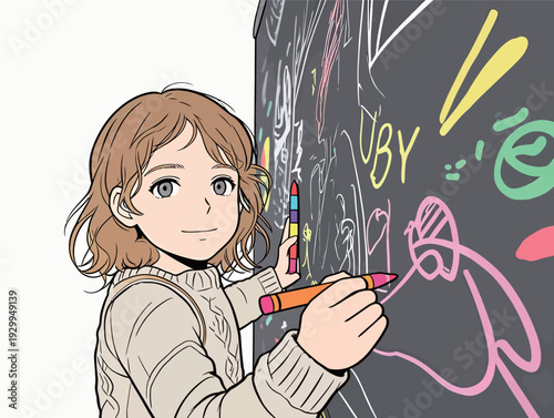 A child uses markers to draw on a blackboard in a school. The room is bright, and many colors fill the board.