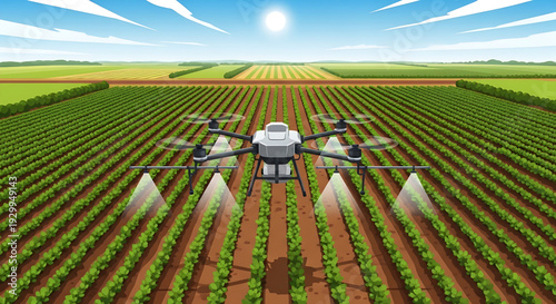 Advanced Agricultural Drone Spraying Crops in a Sprawling Green Field Under Sunny Sky, Illustrating Modern Smart Farming Technology for Precision Agriculture and Efficient Crop Management