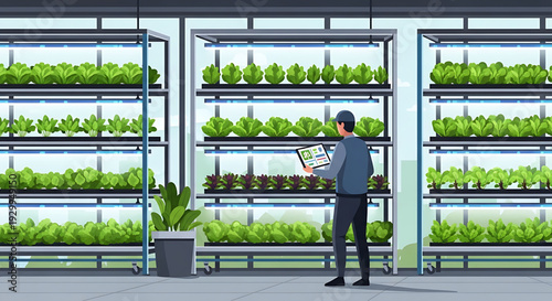 Modern indoor vertical farm with a person managing crops using a tablet, showcasing sustainable agriculture technology and efficient food production