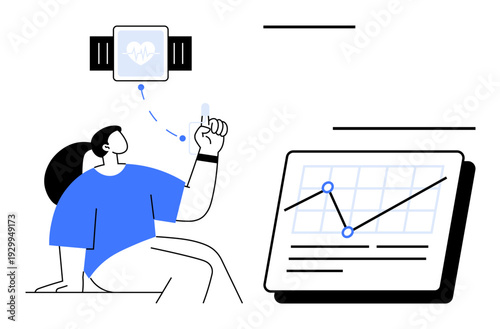 Woman uses smartwatch to track heart rate, connecting to data chart displaying analytics. Ideal for wellness, fitness, health tracking, technology, self-care, data analysis mobile health. Simple