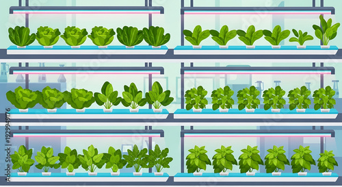 Vertical farm with rows of hydroponically grown lettuce and herbs on shelves with LED grow lights, concept for sustainable urban agriculture