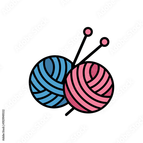 A colorful illustration of two balls of yarn with knitting needles on a white background.
