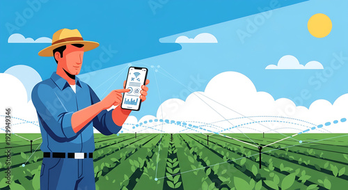 Smart Farming Technology A Farmer Using a Smartphone to Monitor Crops and Manage Irrigation Systems in a Field